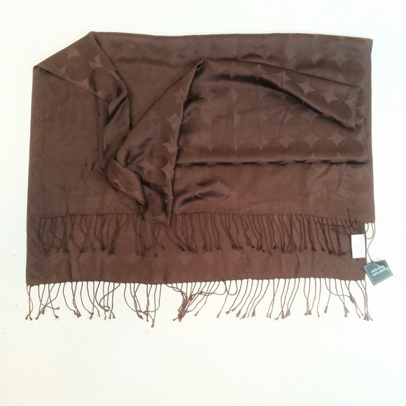 Giant Silk Scarf Fringe Brown Polka Dot Jacquard - Picture 6 of 8